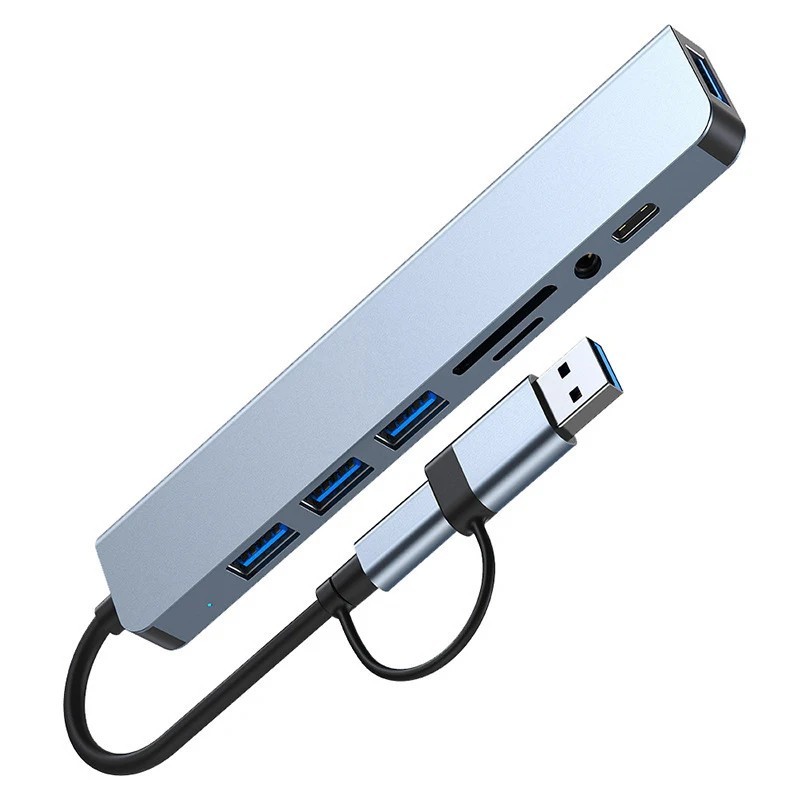 8-in-2 USB/Type-C HUB Dockingstation Adapter 3x USB 3.0/2.0 Audio SD/TF Laptop