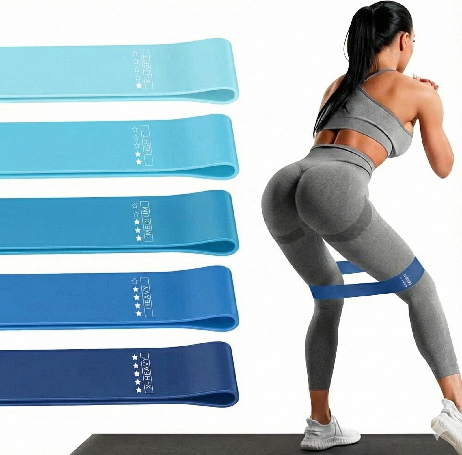 5er Set Widerstandsbänder Blau (Loop Bands) Latex Fitness Yoga + Beutel