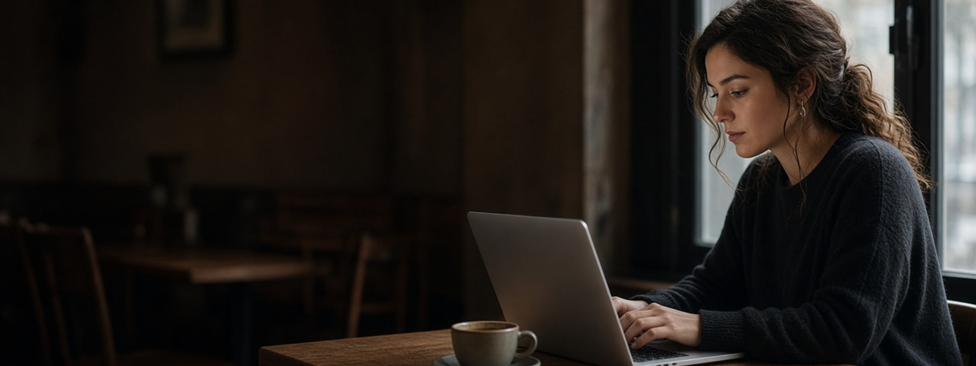 Frau mit Laptop am Café-Tisch