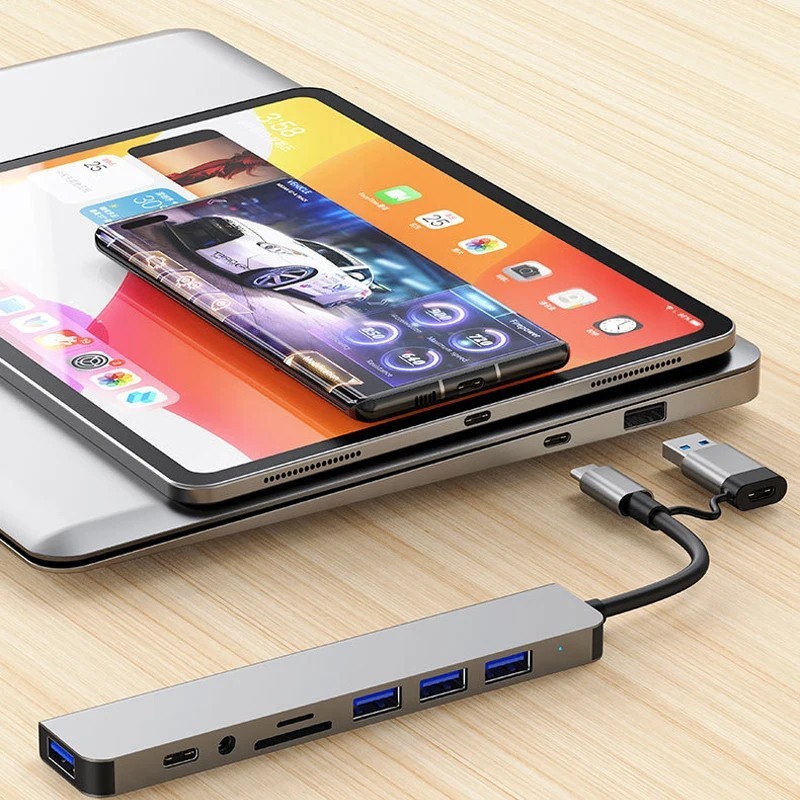 8-in-2 USB/Type-C HUB Dockingstation Adapter 3x USB 3.0/2.0 Audio SD/TF Laptop