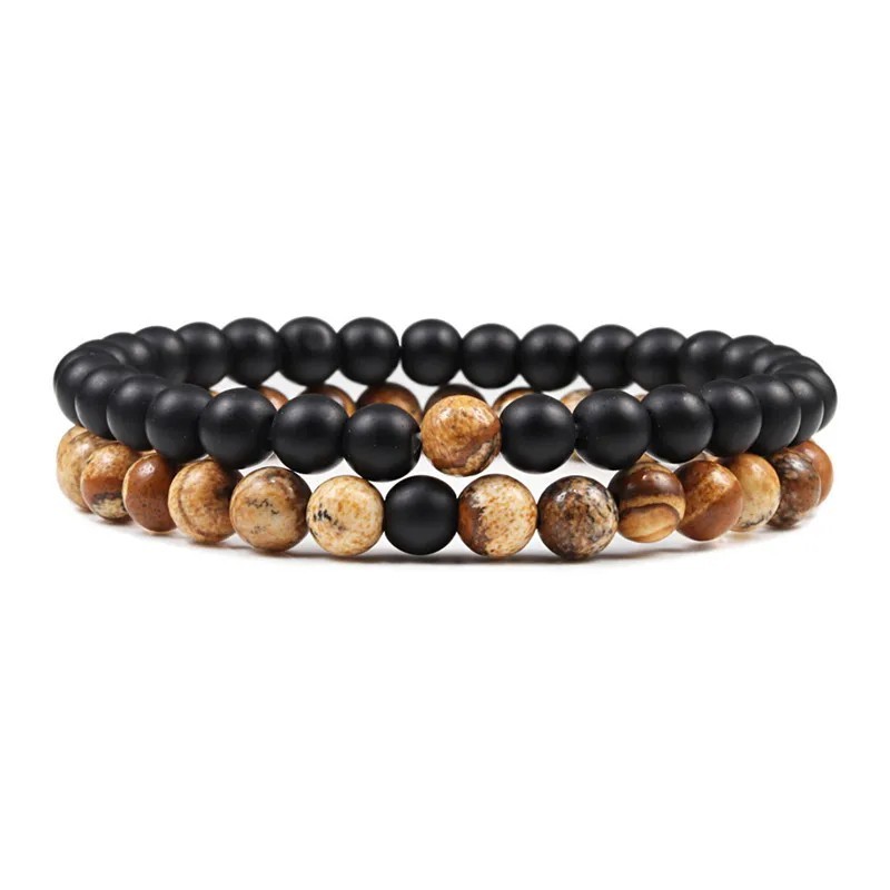 2er Set Partnerarmband Naturstein Lavastein Tigerauge Perlen 6mm Damen Herren