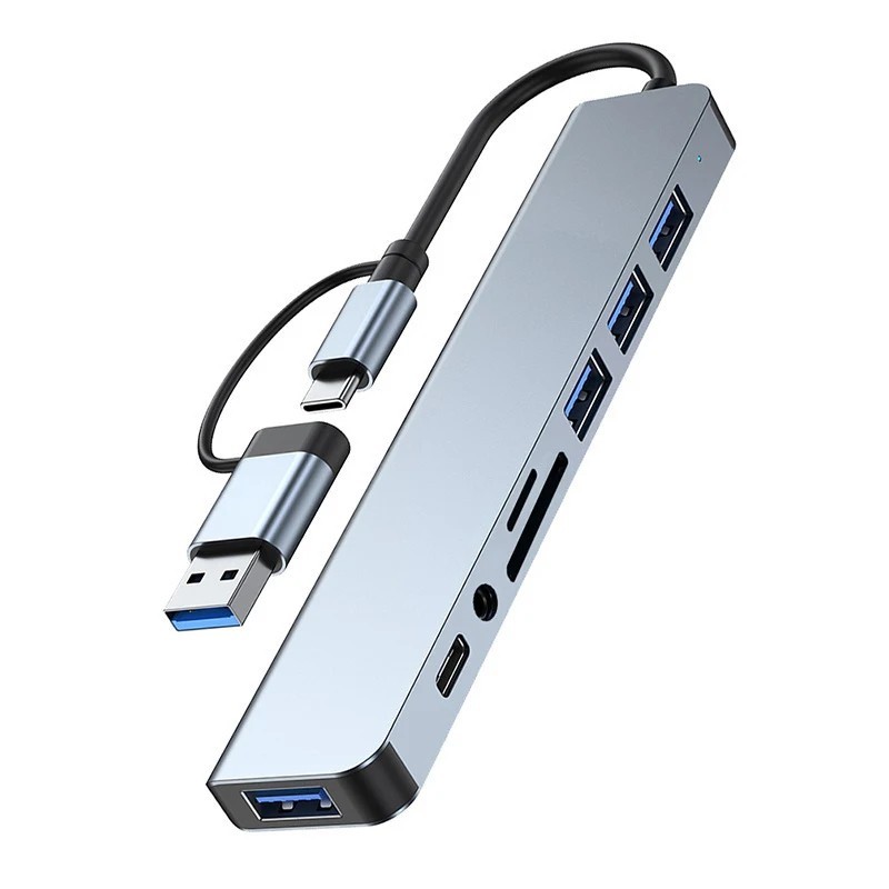 8-in-2 USB/Type-C HUB Dockingstation Adapter 3x USB 3.0/2.0 Audio SD/TF Laptop