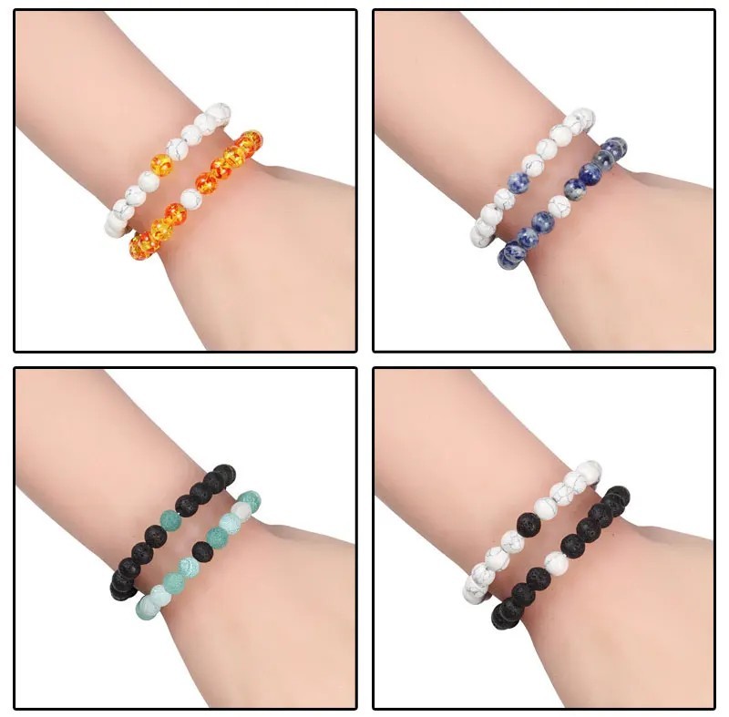 2er Set Partnerarmband Naturstein Lavastein Tigerauge Perlen 8mm Damen Herren
