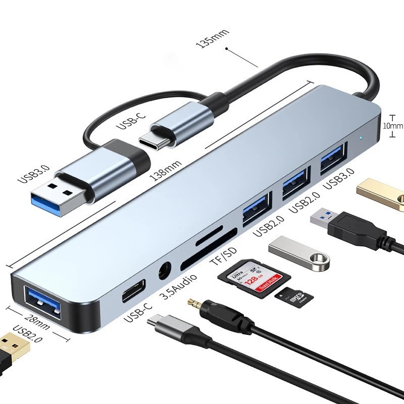 8-in-2 USB/Type-C HUB Dockingstation Adapter 3x USB 3.0/2.0 Audio SD/TF Laptop