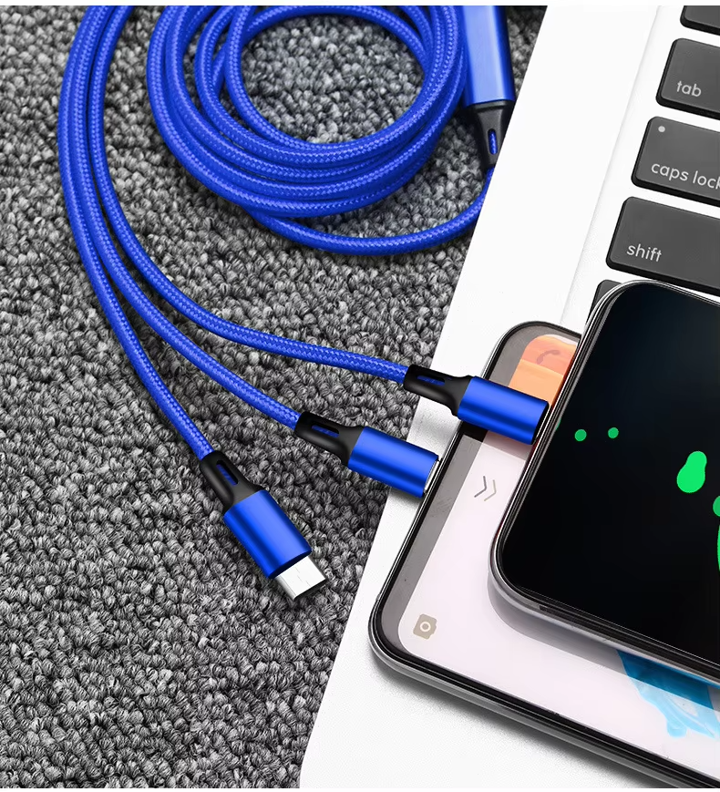 1,2m Multi USB Ladekabel 3 in 1 Typ-C Micro iPhone Huawei Blau Universal
