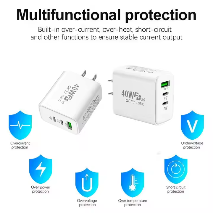 40W Schnell Ladegerät USB A 3.0 + 2 x USB C für iPhone Adapter Samsung Universal