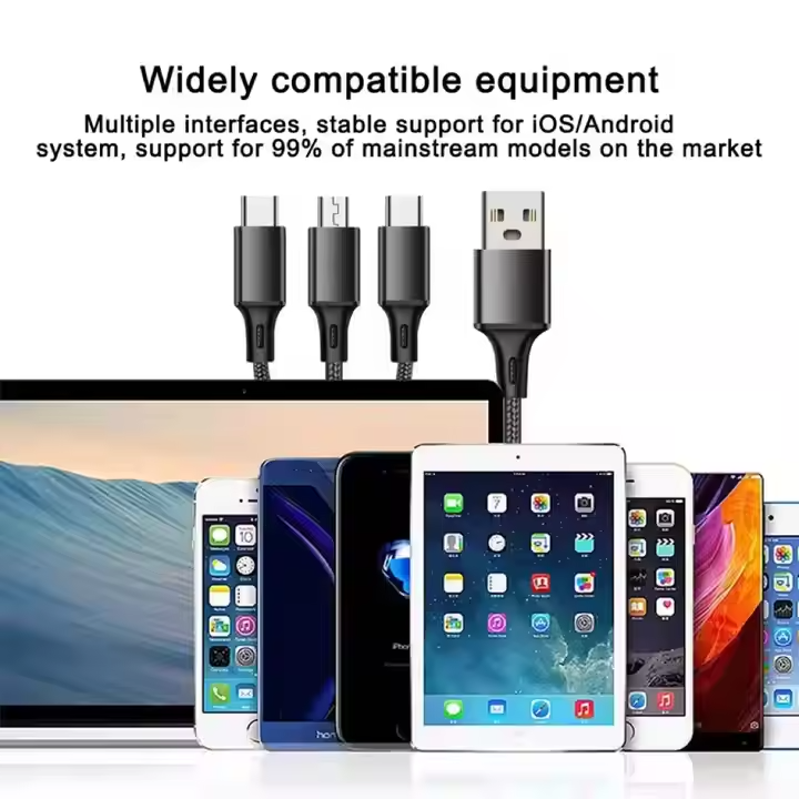 1,2m Multi USB Ladekabel 3 in 1 Typ-C Micro iPhone Huawei Blau Universal