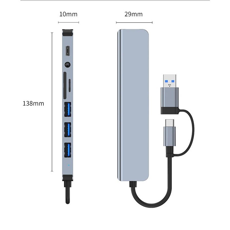 8-in-2 USB/Type-C HUB Dockingstation Adapter 3x USB 3.0/2.0 Audio SD/TF Laptop