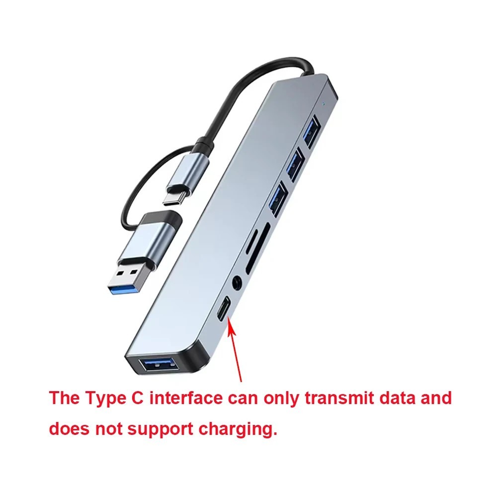 8-in-2 USB/Type-C HUB Dockingstation Adapter 3x USB 3.0/2.0 Audio SD/TF Laptop