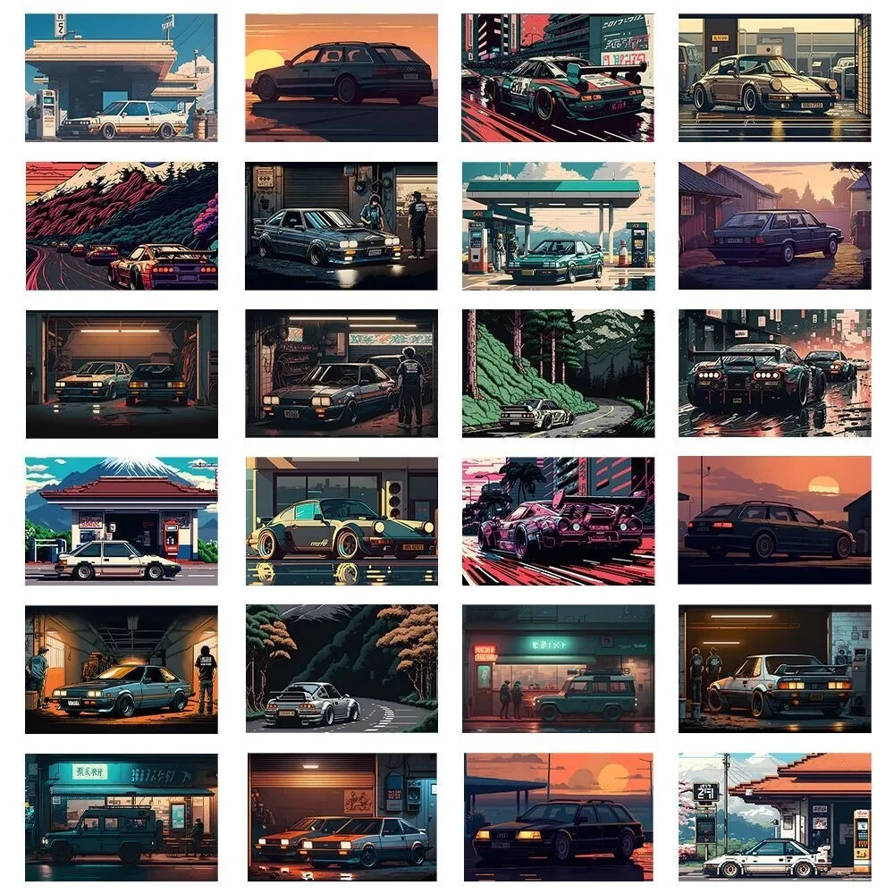 Exklusives Set von Retro-Automobil-Aufklebern im Vintage-Stil 54 Stück
