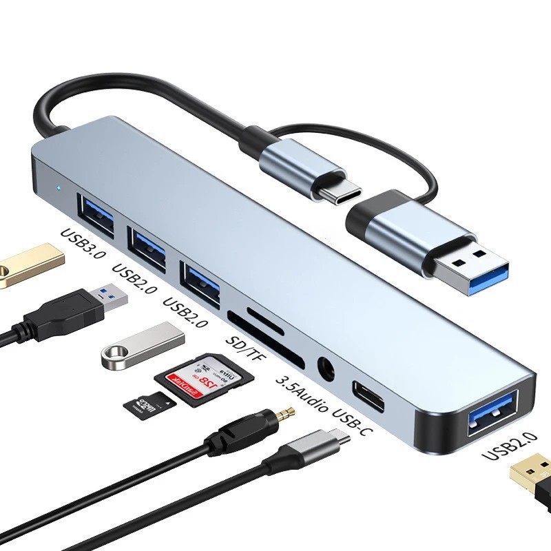8-in-2 USB/Type-C HUB Dockingstation Adapter 3x USB 3.0/2.0 Audio SD/TF Laptop