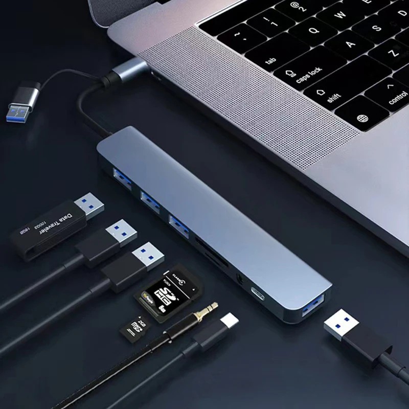 8-in-2 USB/Type-C HUB Dockingstation Adapter 3x USB 3.0/2.0 Audio SD/TF Laptop