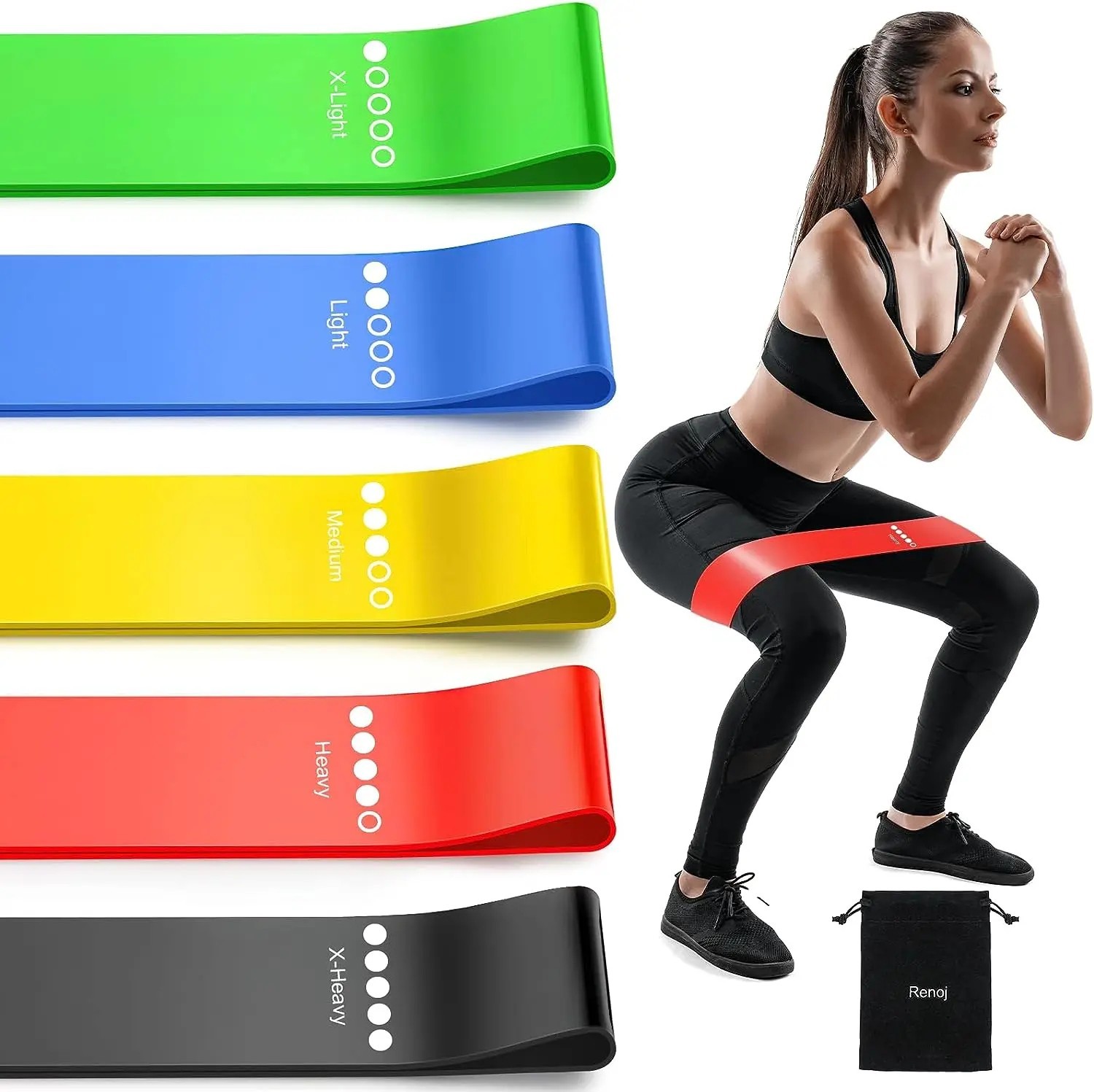 5er Set Widerstandsbänder bunt (Loop Bands) Latex Fitness Yoga Workout + Beutel