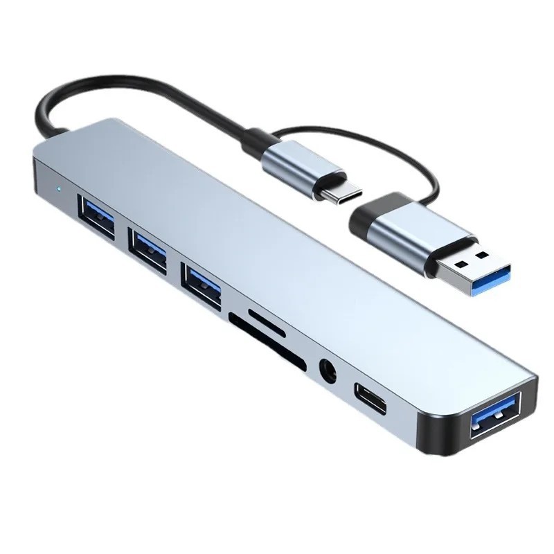 8-in-2 USB/Type-C HUB Dockingstation Adapter 3x USB 3.0/2.0 Audio SD/TF Laptop