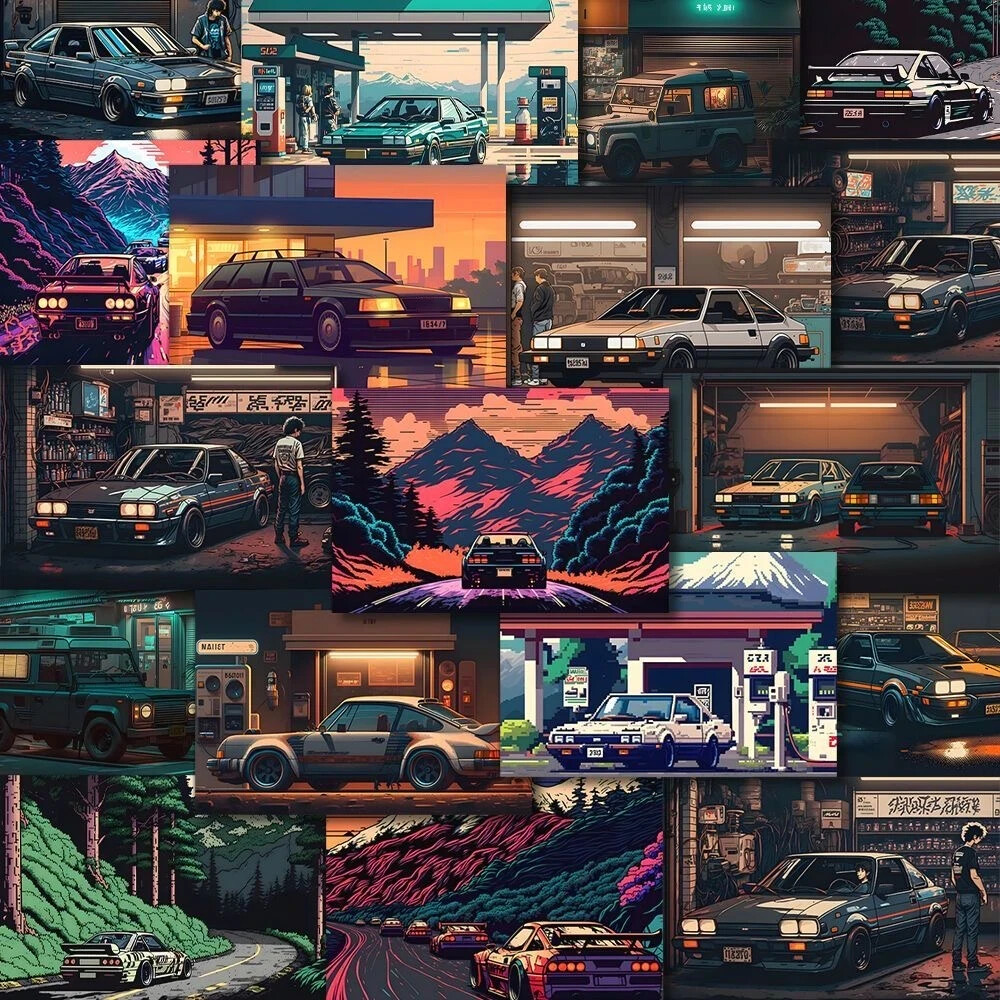Exklusives Set von Retro-Automobil-Aufklebern im Vintage-Stil 54 Stück