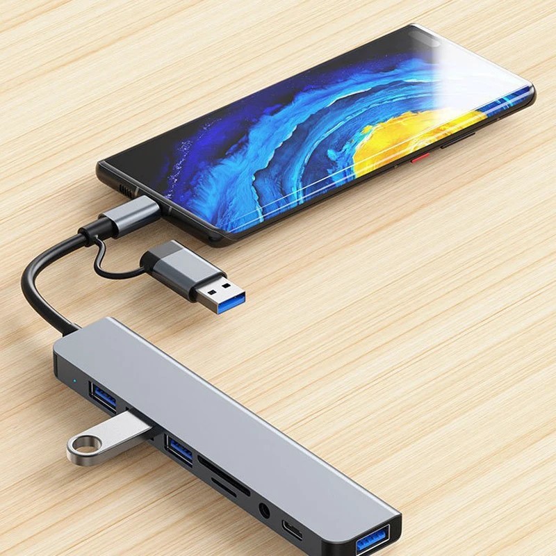 8-in-2 USB/Type-C HUB Dockingstation Adapter 3x USB 3.0/2.0 Audio SD/TF Laptop