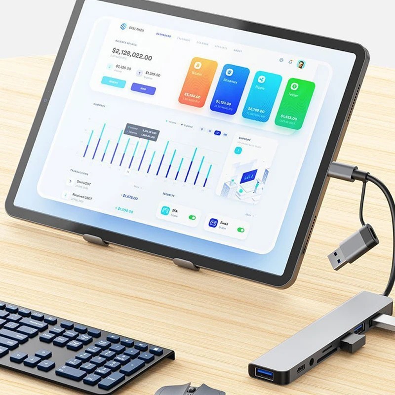 8-in-2 USB/Type-C HUB Dockingstation Adapter 3x USB 3.0/2.0 Audio SD/TF Laptop